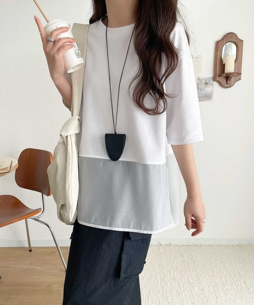 春夏に涼しさ引き立てる透け感が◎裾シアー切り替えライトダンボール半袖Tシャツ ce1110116