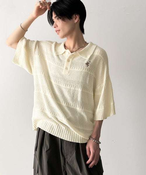 一枚で大人のラフスタイルが決まる。ワンポイント刺繍ブークレポロニットトップス(半袖) cm1260392