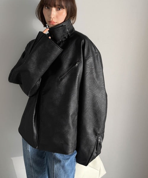《JaVaジャバコラボ》甘さ控えめ、無敵の女っぽさ。フェイクレザーダブルライダースジャケット jv1010466