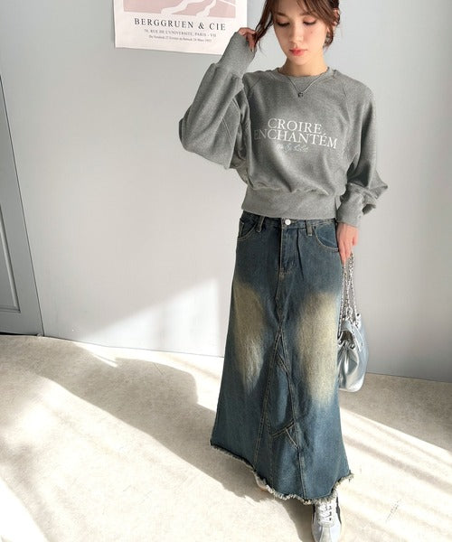 【mily bilet】カジュアルだけどこなれ感たっぷり。ラインストーン＆ぼかしプリント裏毛使いスウェットクロップド丈トップス mi1329014