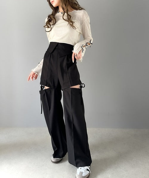 【mily bilet】大人ガーリーボトム。ウエスト折り返しリボンストラップ２WAYセンタープレスハイウエストワイドスラックスパンツ mi1329005