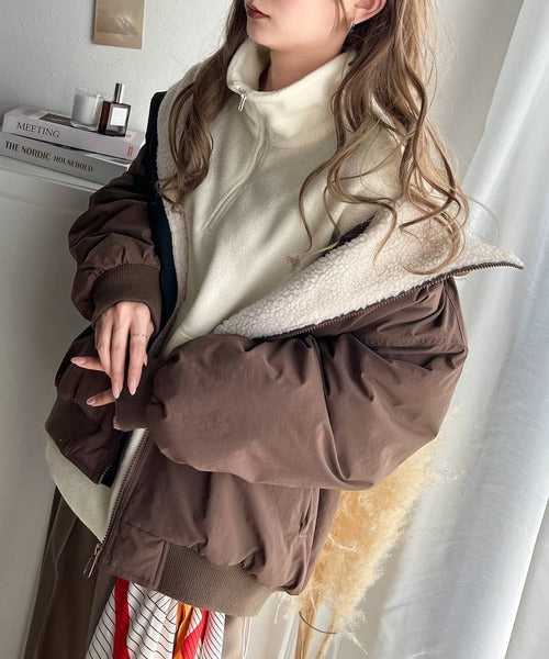 大人カジュアル。ワンポイント胸刺繍入りフリース×キルトハーフジッププルオーバー ce1110083