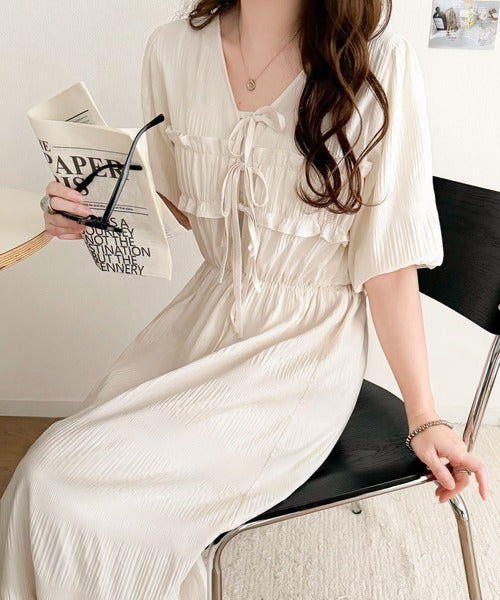 【mily bilet】1枚で華やぐ♪揺れ感シアーフリルリボンプリーツロングワンピース mi1019134
