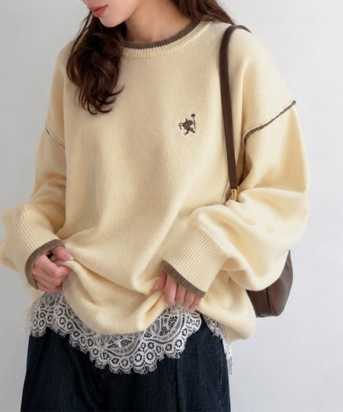 ゆるっと上品、やさしく映える。胸刺繍入り配色クルーネックオーバーサイズニット（長袖） ce1350019
