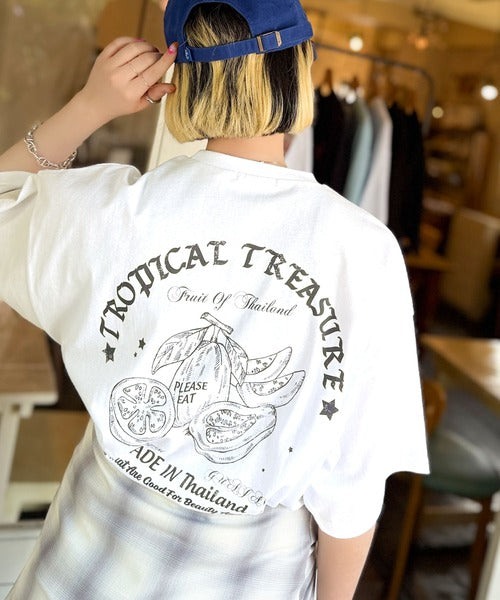 《JaVaジャバコラボ》周りと差がつくアート感。綿100％ タイ☆トロピカルフルーツ柄☆ビッグTシャツ jv1029128