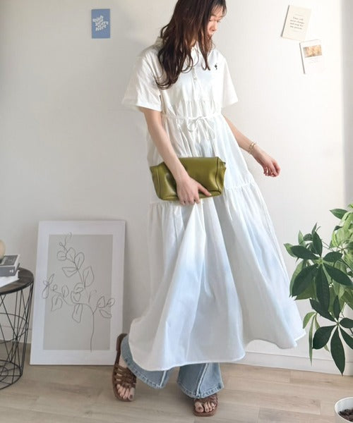 異素材ミックスが目を惹く。胸刺繍ポロ衿布帛切り替えカットティアードワンピース（半袖） ce1020350