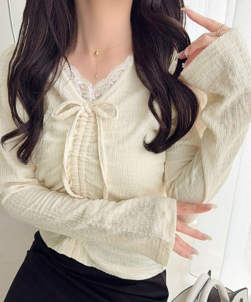 【mily bilet】レース×シャーリングで、甘さをひとさじ。レースドッキングパフスリーブジャガードトップス（長袖） mi1359080