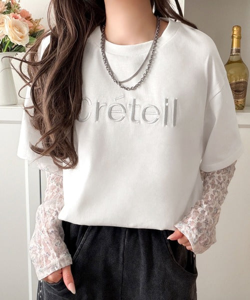 レースでカジュアルの中に女性らしさをプラス!レイヤード風レース袖ドッキングTシャツ（レース柄アソート） ce1010561