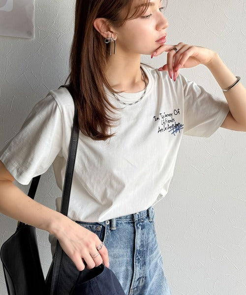 【sustaina+】アートのように刺繍が映える。オーガニックコットン100%らくがき風刺繍 無地＆ボーダー柄半袖Tシャツ ce1260396