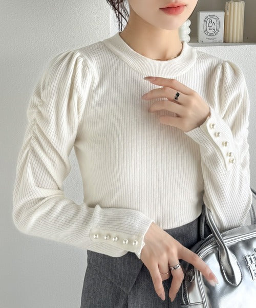【mily bilet】大人の上品ベーシック♪袖パール使いパフスリーブニットトップス mi1029092