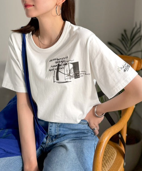ラフでも品格、シンプルでも存在感。オーガニックコットン混 綿100％ グラフィック飛び刺繍フォトTシャツ（半袖） ce1260537