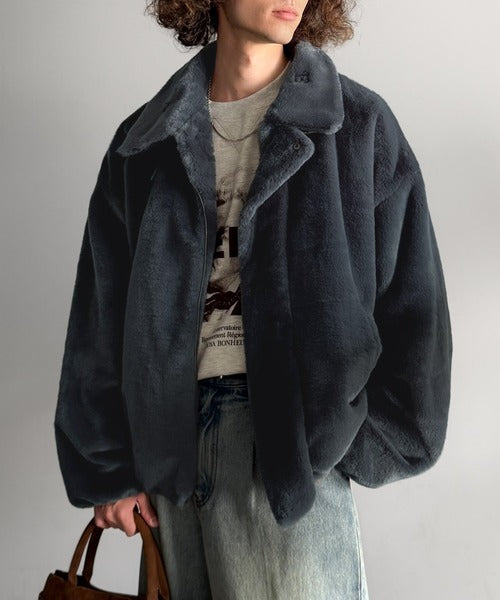 【Classical Origin】「3wayアレンジ可能。」ベルト襟フェイクファー素材ジャケット／Belted Collar Faux Fur Jacket co1150080