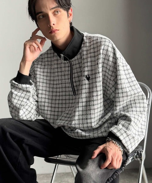 【Classical Origin】「上品カジュアル」。裾ドロスト付きツイード素材ハーフジッププルオーバー（長袖）/Tweed Fabric Drawcord Half-Zip Pullover co1010032