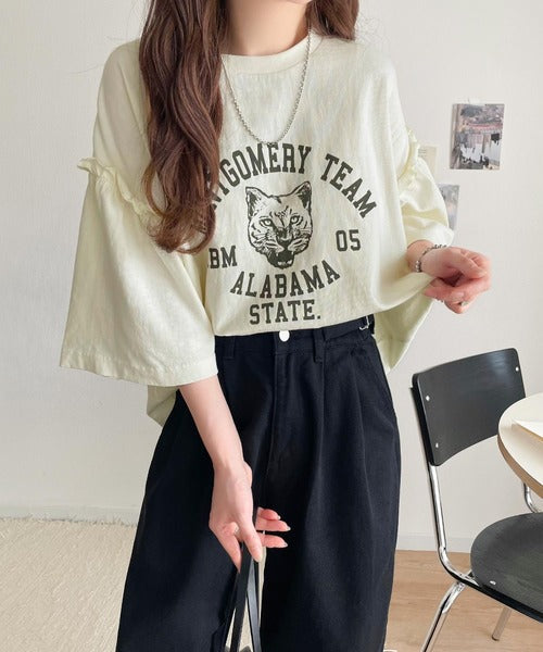 レディなヴィンテージスタイル。綿100％カレッジピグメント袖フリルTシャツ ce1020221