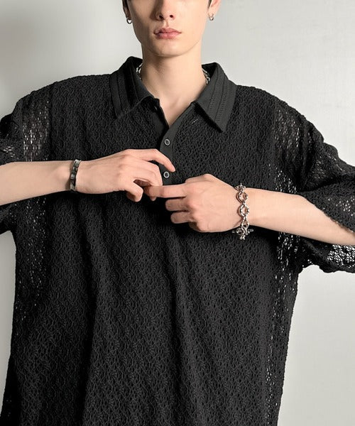「透け感、モードの余韻。」衿ダブルライン使いレース柄ニットポロシャツ/Lace Detail Knit Polo Shirt co1010010