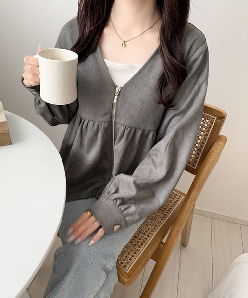 【mily bilet】大人フェミニンな雰囲気。スウェードポンチへプラムダブルジップジャケット mi1019061
