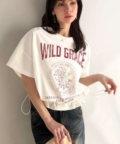 【mily bilet】甘辛バランスが叶う！綿100％ゆるシルエット裾ドロストフリルプリントTシャツ mi1329075