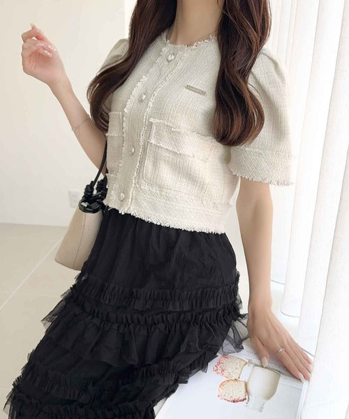 【mily bilet】女性らしさ漂う。ロゴプレート使い半袖ラメ入りツイードジャケット mi1019084