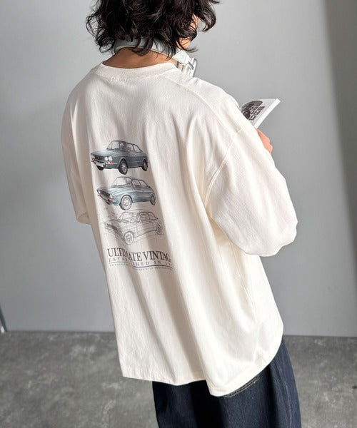 《JaVaジャバコラボ》ヴィンテージ感漂う綿100%クラシックカーグラフィックTシャツ（長袖） jo1150067