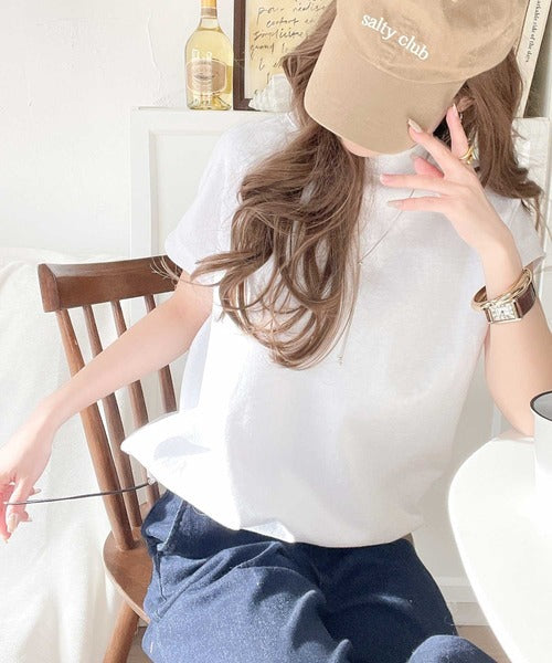 綿100%USAコットン。大人のモックネックフレンチラグラン裾ドロストシンプルTシャツ ce0780080