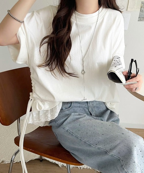 体型カバーも叶う！重ね着風で即こなれ感♪ レイヤード風サイドドロスト裾 綿100％レースビッグTシャツ ce1010463