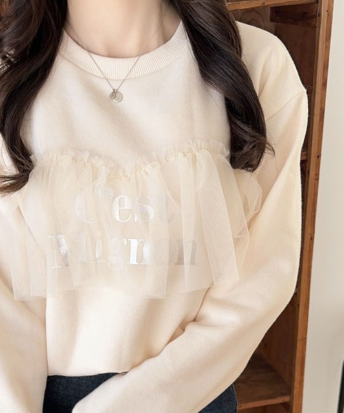 【mily bilet】おしゃれと快適さを同時に叶える。チュール切り替え箔プリント裏起毛スウェット mi1359002