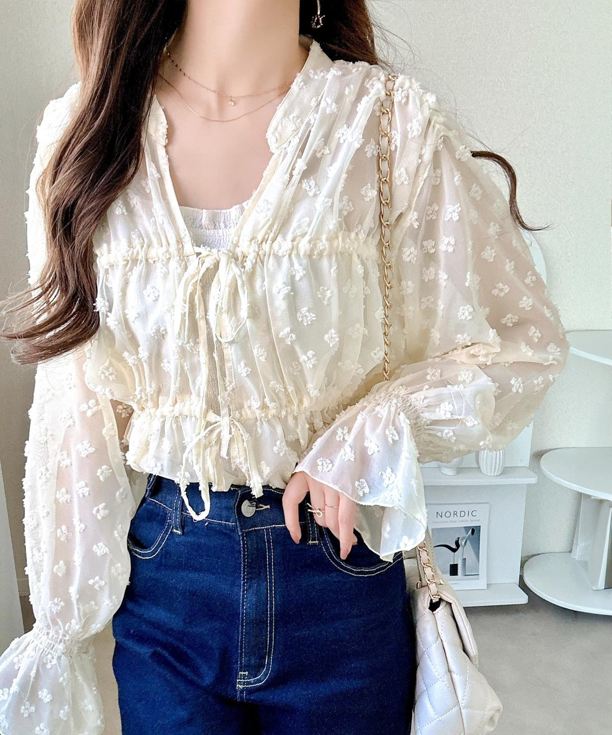 【mily bilet】透け感シフォンでつくる、大人の可憐スタイル。花柄シフォンカーデブラウス（長袖） mi1019105