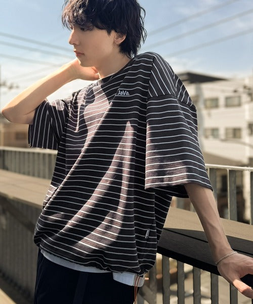 《JaVaジャバコラボ》【抗菌防臭機能付き】配色裾ドローコード付き 綿100％マルチボーダーTシャツ（オーバーサイズ） jo1150090