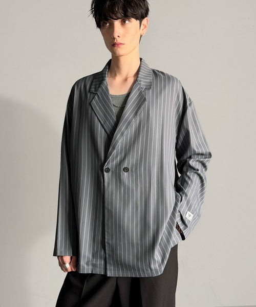 【Classical Origin】「さっと羽織れる。」ストライプ柄ドレープテーラードシャツジャケット／Relaxed Draped Tailored Stripes Shirt Jacket co1150041