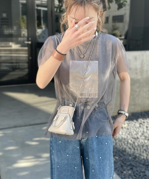 【mily bilet】1枚で上級お洒落style。チュール重ね着風シルバー箔プリントTシャツ mi1149050