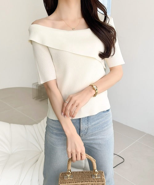 【mily bilet】この夏華やかさと個性をプラス。アシンメトリーオフショル2WAY半袖サマーリブニット mi1029109