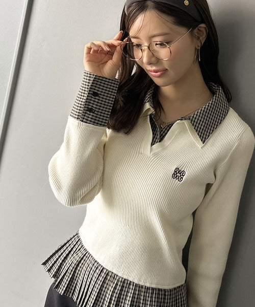 【mily bilet】ニット×チェックプリーツで叶える！旬のレイヤードスタイル♪異素材切り替えニットプルオーバー mi1139095