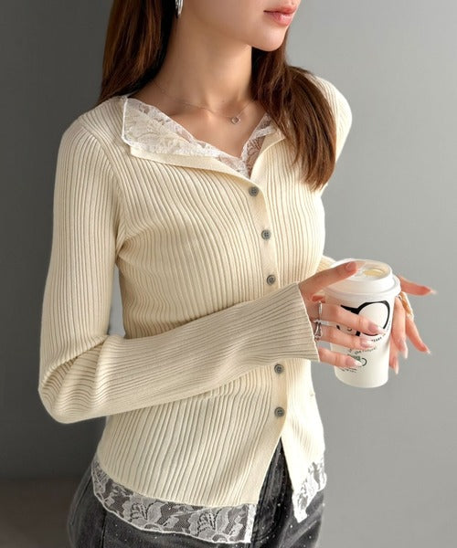 【mily bilet】顔周り、可愛く盛れちゃう！レースドッキング ランダムリブニット トップス(長袖） mi1359074