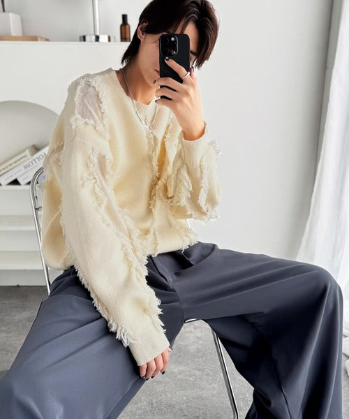 【classical origin】「着るだけで、印象派」。フリンジデザイン配色オーバーサイズニット（長袖）/Fringe design oversized long sleeve knit ao1260444