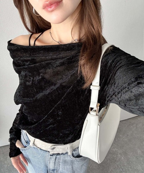 【mily bilet】一歩先のオシャレにアップデート！クラッシュベロアワンオフショルドレーププルオーバー（サムホール付き） mi1269007