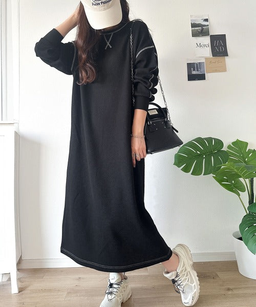 《JaVaジャバコラボ》後姿が可愛い◎配色ステッチワッフルロングワンピース（長袖） jv1260504