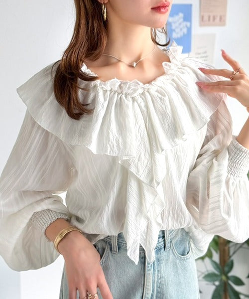 主役トップス確定！大人ガーリー前後2wayシアーストライプラッフル襟ブラウス（長袖） ce1070199