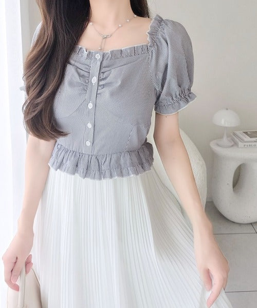 【mily bilet】1枚2役♪レイヤード風の着こなしが完成。2Wayパフスリーブブラウス×プリーツスカートドッキングワンピース (ロング丈) mi1139109