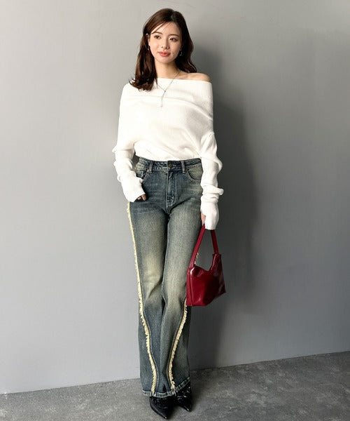 【mily bilet】立体的なシルエットが叶えるデコルテ魅せ♪指穴ドレープ使いファンオフショル２WAYリブニット mi1029137