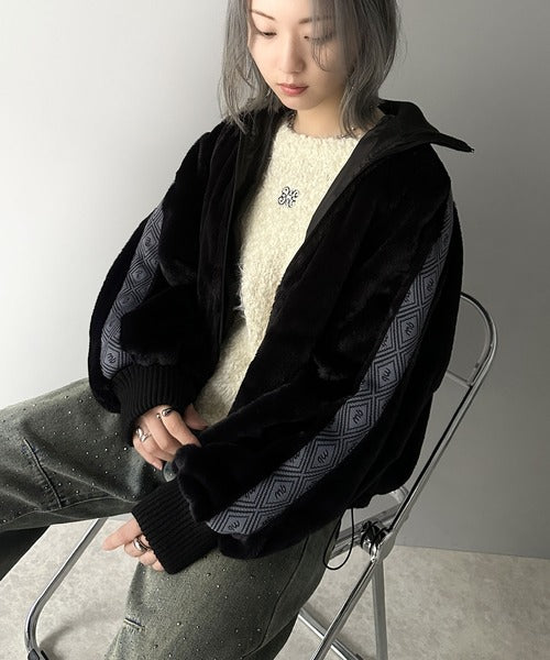 【mily bilet】上質な肌触り、スタイリッシュアウター。ジャガードテープ使いドロスト付き指穴シャギーファーブルゾン mi1019054
