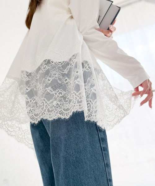 大人のきれいめカジュアル、体型も美しくカバー。裾レースカットソードッキングTシャツ（長袖） ce1020364