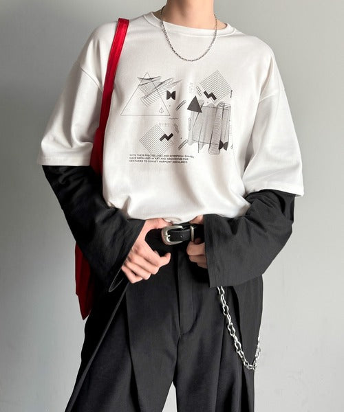 【Classical Origin】幾何学柄ポンチ素材レイヤードTシャツ(長袖)／Geometric Pattern Ponte Layered T-Shirt co1150050