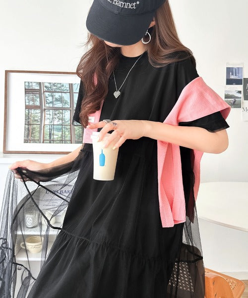 甘さは、ふわっと纏うくらいが今っぽい。チュールドッキングティアードロングワンピース（半袖） ce1010632