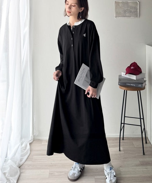 大人リラクシーで抜け感を。胸刺繍配色デザインヘンリーネックロングワンピース（長袖） ce1020323