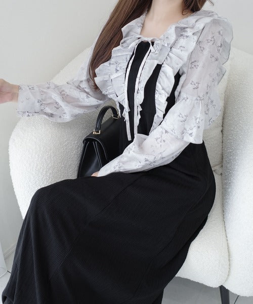 【mily bilet】上品にスタイルアップ。シャイニー花柄フリルブラウスドッキングワンピース mi1139093