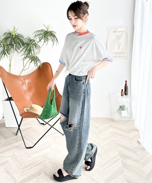 レトロでポップな大人リンガーT。胸刺繍タイダイリンガー半袖T ce1050158