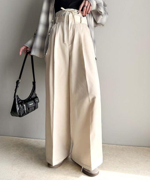 上品なシルエットの優秀パンツ♪Wベルト異素材スラックスワイドパンツ ce0940219