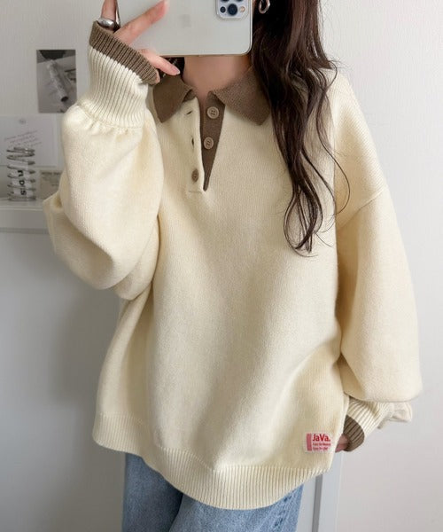 《JaVaジャバコラボ》たっぷりポロが可愛い。配色襟付きヘンリーオーバーサイズニット (長袖) jv1350020