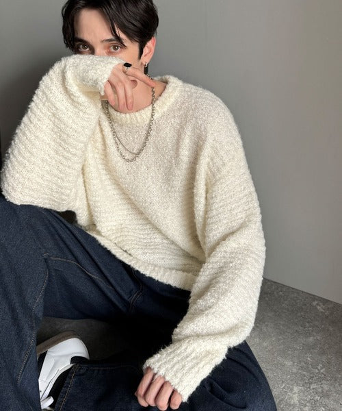 【Classical Origin】「優しさに包まれる。」ブークレー糸クルーネックニットトップス（長袖）/Boucle yarn crew neck knit top ao1020302