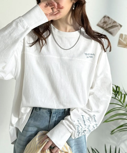 《JaVaジャバコラボ》袖を通せば、あなたも輝く。コットン100％刺繍胸元切り替えドルマンロンTEE（長袖） jv1260620